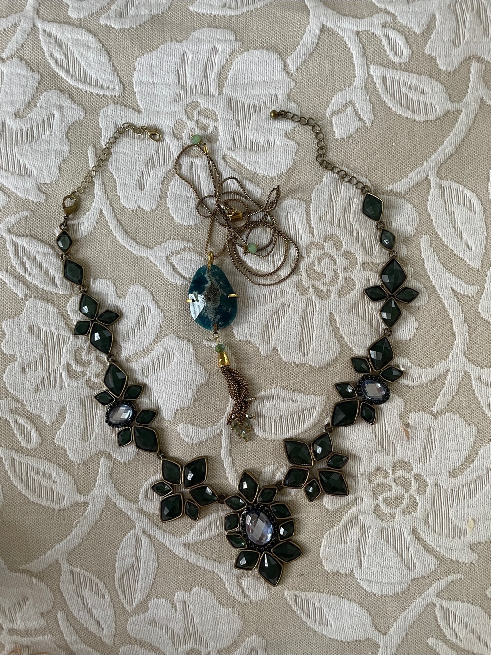 Set of 2 Gold-Tone and Teal Green Necklaces